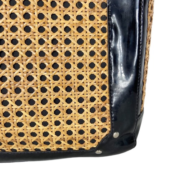 White House Black Market Straw Bag Wicker Black Patent Leather Handbag Tote - Picture 9 of 12